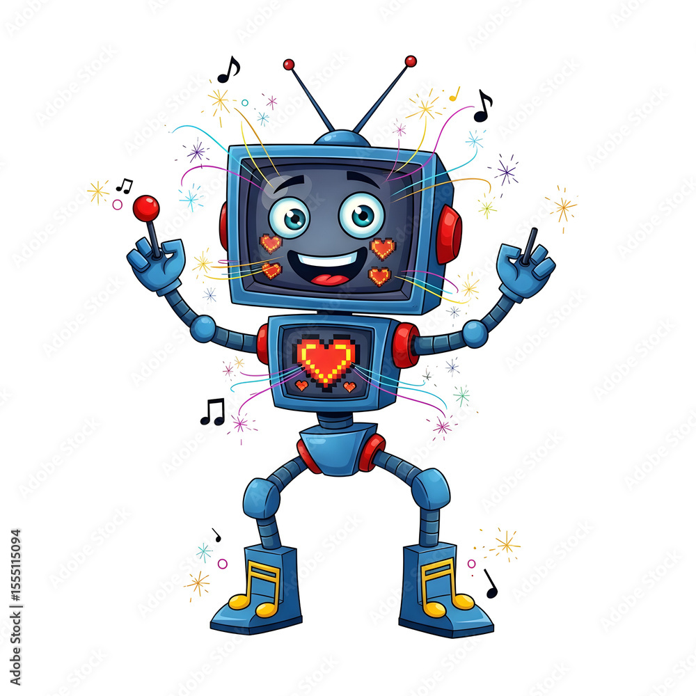 Poster cheerful generic robot character with heart-shaped eyes and a red heart on its chest dances joyfully