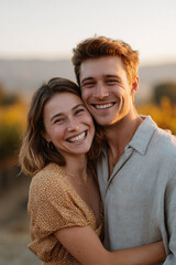 Obraz premium Authentic portrait of a loving young couple embracing. Sunlight. Expresses warmth, joy, connection, and affection. Ideal for romance, relationships, and lifestyle content.