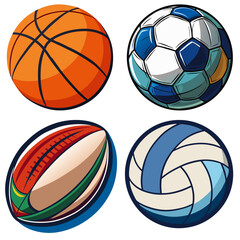 Vector illustration of four different sports balls: basketball, soccer, rugby, and volleyball on transparent background.