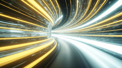 A futuristic tunnel with dynamic, glowing yellow and white light streaks, creating a sense of high speed motion along a curved path.