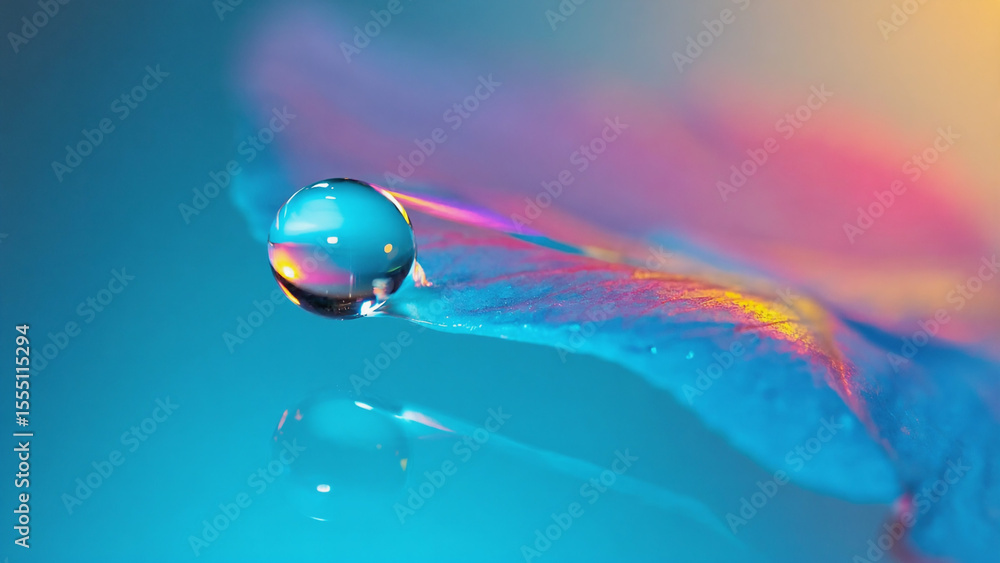 Aufkleber close up of a water droplet on a surface with colorful reflections and a blurred background effect