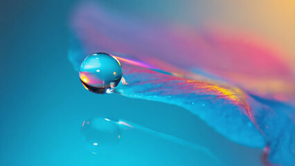 Close up of a water droplet on a surface with colorful reflections and a blurred background effect