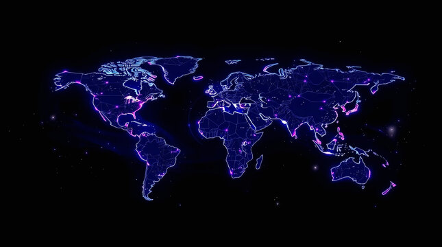 A glowing world map displays global connections - Powered by Adobe