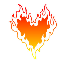 Heart made of fire in gradient flame shape with red and yellow tones