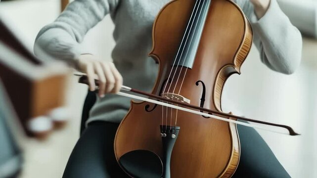 Skilled violist playing classical music, hands gracefully moving across strings, expressing deep emotional connection through intricate musical performance
