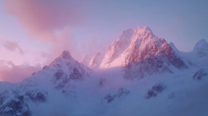 Majestic snow-capped mountain range at sunrise, bathed in soft pink and purple light.