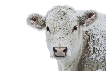 Hereford cow with snow-covered fur stands proud against a pristine white background in a winter landscape, showcasing its unique features and strength