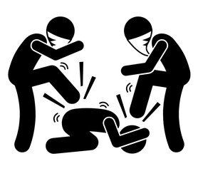 Two masked attackers beating a person on the ground, physical violence, street crime, bullying, assault, criminal aggression. danger, abuse, intimidation, gang violence, or law enforcement and safety 