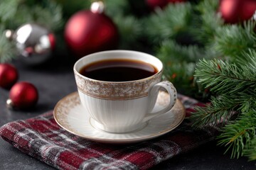 Cup of coffee on a saucer plaid cloth with ornaments and pine branches in a festive holiday setting