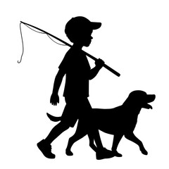 Silhouette of Young Boy with Fishing Rod Walking with Dog Outdoors 