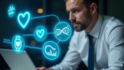 Businessman reviewing health data on laptop