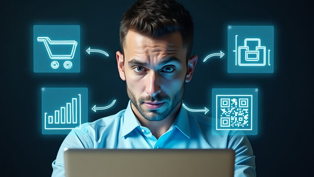 Businessman analyzing ecommerce data on laptop