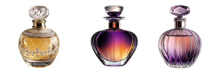 A collection of luxury perfume bottles in various shapes cut out transparent isolated on white background PNG