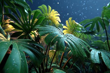 Fototapeta premium Lush monstera leaves illuminated by magical glowing lights in tropical setting
