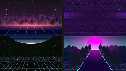 Retro 80s and 90s neon synthwave background bundle design. Bold colorful vaporwave and synthwave designs with grid, and metallic cyberpunk style retro background designs.