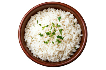 Bowl of cooked rice garnished with fresh herbs isolated on a transparent background, perfect for culinary presentations and recipes