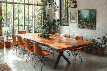 Fototapeta premium Cozy dining area with wooden table, white chairs, and lush green plants