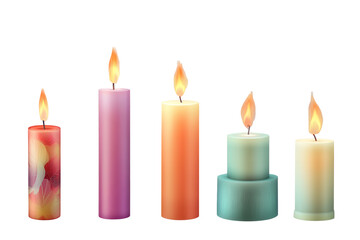Collection of different candles with warm flames on a transparent background showcasing various colors and designs suitable for decoration or ambiance creation