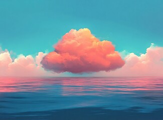 Colorful cloud over a calm sea.  Vibrant hues of pink and orange on the cloud, contrasting with tranquil water and sky