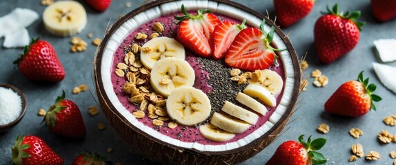 A smoothie bowl topped with sliced banana, strawberries, granola, and chia seeds, surrounded by fresh strawberries on a dark surface.