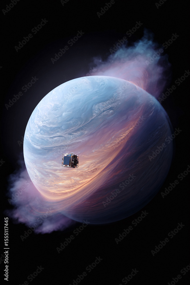 Aufkleber a captivating view of a planet with swirling clouds a satellite against a dark backdrop. evokes expl