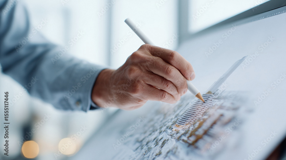 Poster closeup of a hand using a stylus to work on a detailed architectural rendering on a large screen. em