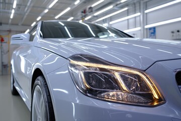 A luxury car shines in a contemporary showroom, showcasing its elegant design and advanced technology under bright lights