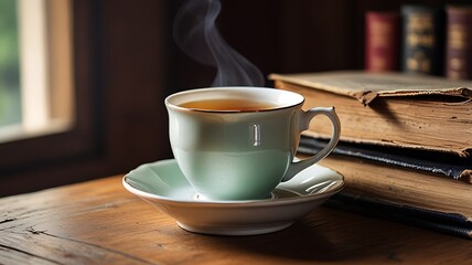 Fototapeta premium Cup of hot tea with steam near stacked antique books on table