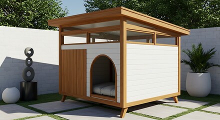 Stylish Dog House with Teak and White Panels,Mid-Century Modern Dog Bungalow, Elegant Design