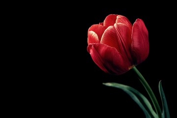 Fototapeta premium Deep red tulip subtly lit against a solid black backdrop Stem and leaves visible
