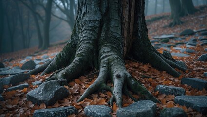 Obraz premium A tree trunk with roots in a misty forest, fallen leaves, and rocks surrounding the base.