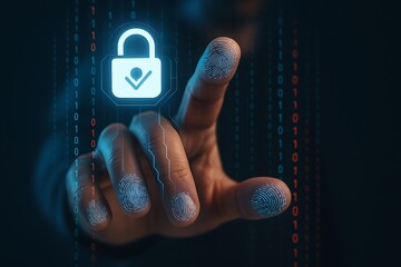 Fingerprint scanning with glowing digital padlock and binary code background