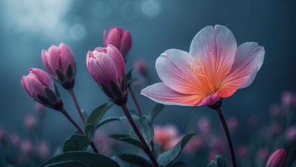 Fototapeta premium Vivid pink and white flowers blooming against a soft, blurry background. Nature, flora, and blossom imagery. The beauty of delicate petals and natural colors.