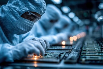 Skilled technicians in protective gear focus on assembling intricate electronic components in a cleanroom at night, emphasizing precision