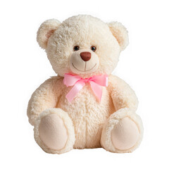 Cream teddy bear with pink bow on transparent background