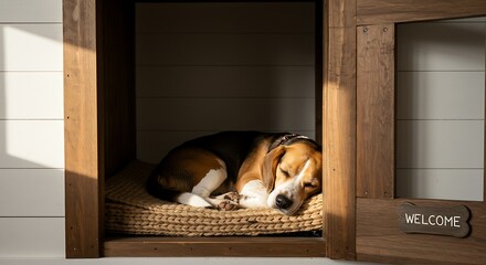  Beagle Sleeping in Rustic Farmhouse Dog House