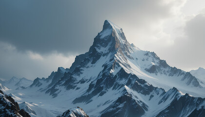 Detailed Dramatic Snow-Capped Alpine Mountain Peak with Rocky Cliffs and Moody Cinematic Lighting 