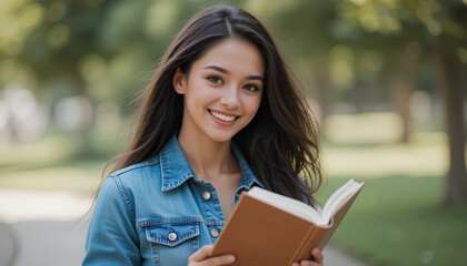Woman Holding Book Smiling in Denim Jacket Outdoors 