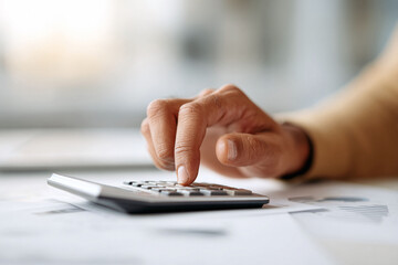 Fototapeta premium Closeup of a hand using a calculator on financial documents. Illustrates accounting, finance, business, and economics. Perfect for articles, websites, presentations.