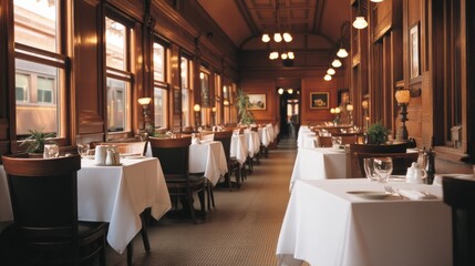 Elegant dining experience upscale restaurant interior design warm ambience wide angle view culinary atmosphere