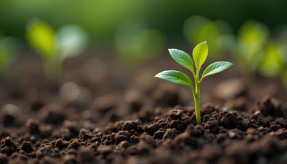 Realistic Hyper-Detailed High-Resolution Macro Shot of Soil with Young Seedling and Fresh Green Leaves