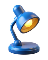A blue desk lamp with a glowing bulb isolated on transparent background
