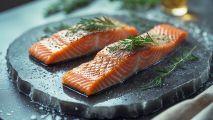 Fresh salmon fillets on a stone serving platter with herbs, salt, and pepper. Healthy seafood meal. Gourmet presentation and cuisine.