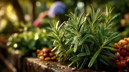 Fototapeta premium Fresh Rosemary Sprigs with Berries on a Rustic Wood Surface in Soft Morning Sunlight