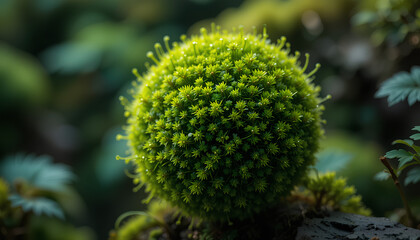 Detailed Macro Photography of Lush Green Moss Sphere with Highly Textured Surface