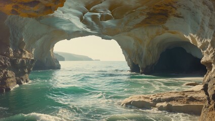 Cave by the sea with water flowing through the opening, showing cliffs in the background and a calm, turquoise ocean inside.