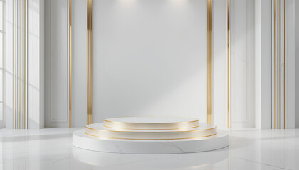 White Podium with Gold Trim Three-Tier Minimal Modern Design