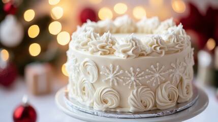 Delicious white frosted Christmas cake decorated with snowflake and swirl patterns, on a cake stand against a bokeh background.