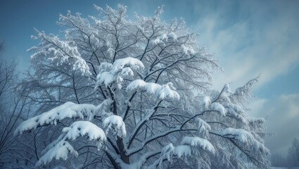 Snow-covered tree in winter scenery with snow-laden branches and a cloudy sky. Nature and seasonal landscape. Cold weather and winter mood.