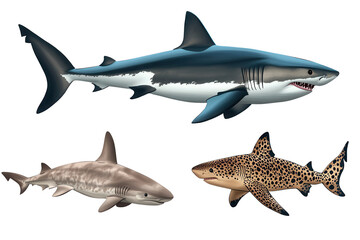 Naklejka premium Three types of sharks featuring great white, bull, and leopard sharks swimming together in a marine habitat